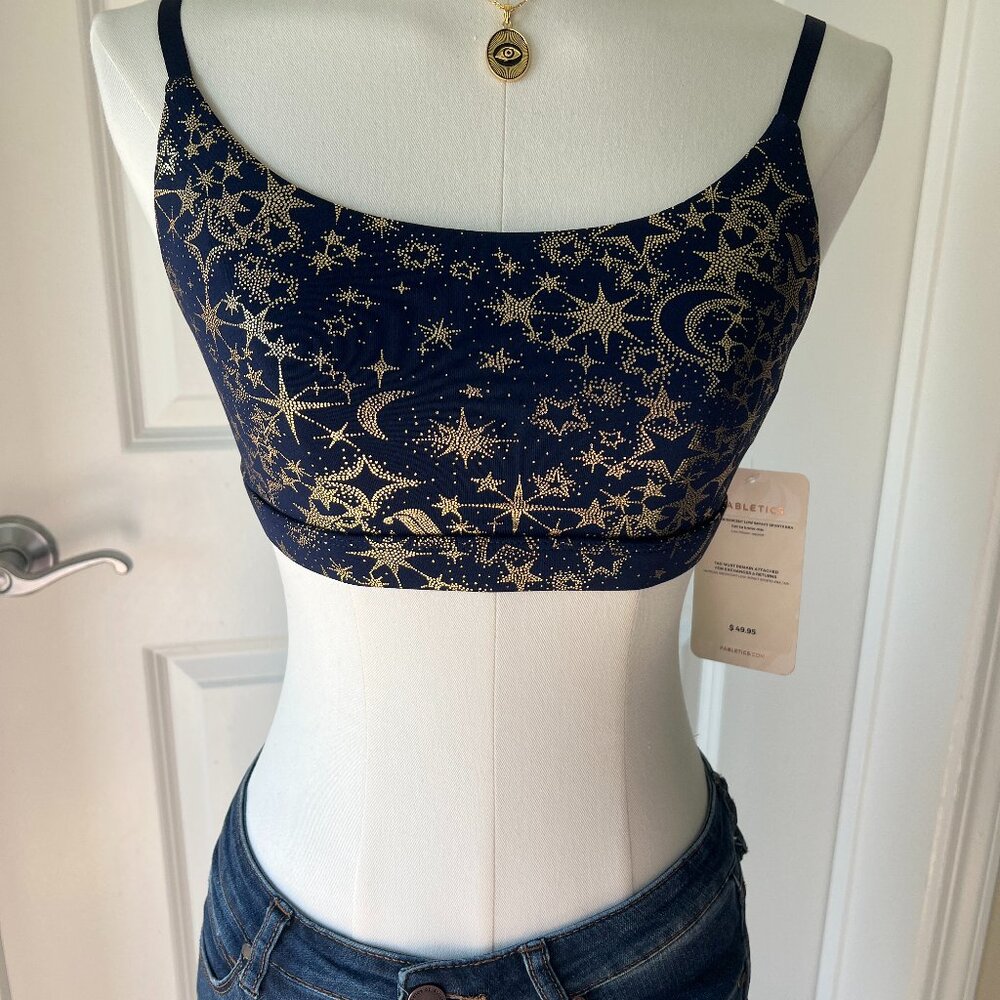 Fabletics Morgan iridecent low-impact sports bra, size S/6 NWT, celestial images